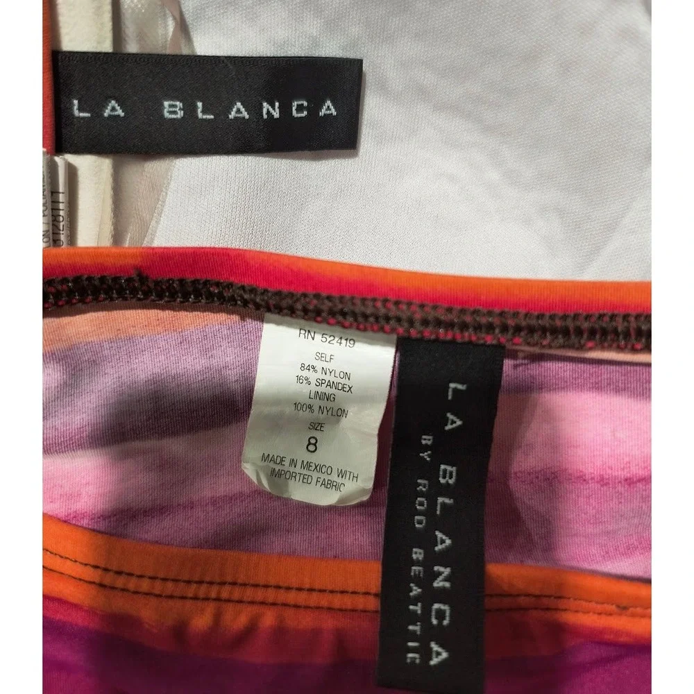 La Blanca Pink Purple Striped Bandeau Bikini Set Size 8 Gold Hardware Swimsuit‎
